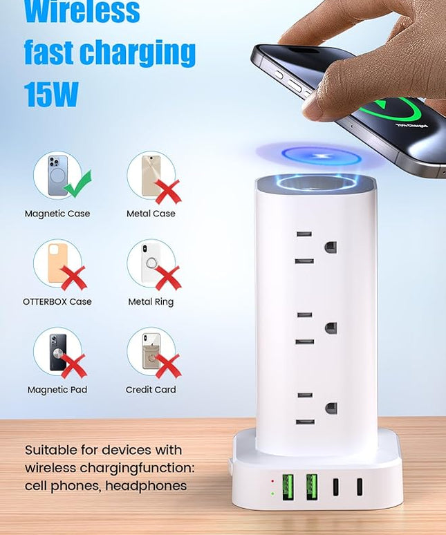 Tower Power Strip with 15W Wireless Charger, 10FT Flat Plug Extension Cord with Multiple Outlets, 12 AC Outlets, 4 USB Ports (2 USB C) Charging Station Surge Protector for Office Home Dorm Room(White)