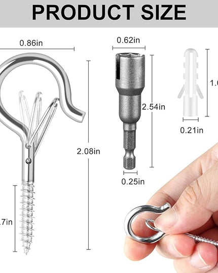 FSAH 50 Pack Screw-in Hooks for Outdoor String Lights, Q Hanger Hooks for Outside, Swivel Hanging Basket Patio Hook with Safe Buckle, Plant Eye Hook for Wall Ceiling with 1 Wing Nut Driver, Silver