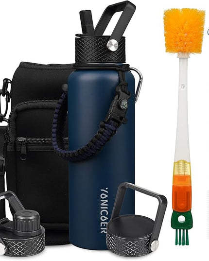 Insulated Water Bottle 40oz,Triple Wall Vacuum Stainless Steel(Dishwasher Safe),Leak Proof & Non-BPA,Flask Jug with Paracord Handle & Straw Spout Lids Sports Navy Blue