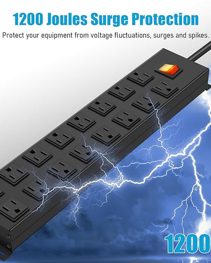 HHSOET Metal 16 Outlet Mountable Power Strip, Wall Mount Garage Workbench Socket, Gaming Table Surge Protector with 15 FT Power Cord.(Black)