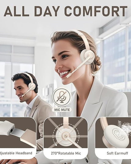Vonztek Wireless Headset, Trucker Bluetooth Headset with Microphone Noise Canceling & Mute, Bluetooth Headphones with USB Dongle for Cell Phone Computer Call Work Home Office Meetings Teams Skype