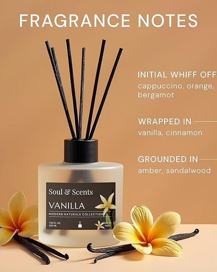 Soul & Scents Reed Diffuser Set – Vanilla | 7.43 oz Refillable Scented Oil with 6 Fiber Sticks | Long-Lasting Home Fragrance & Air Freshener for Bedroom, Bathroom, Office | Gift & Décor Piece