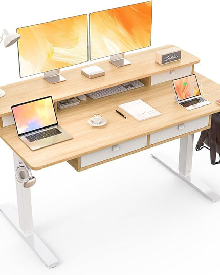 55 * 30 Inches Electric Standing Widened Desk Adjustable Height with 4 Drawers, Double Storage Shelves, Home Office Workstation Sit Stand up Desk (Nature)