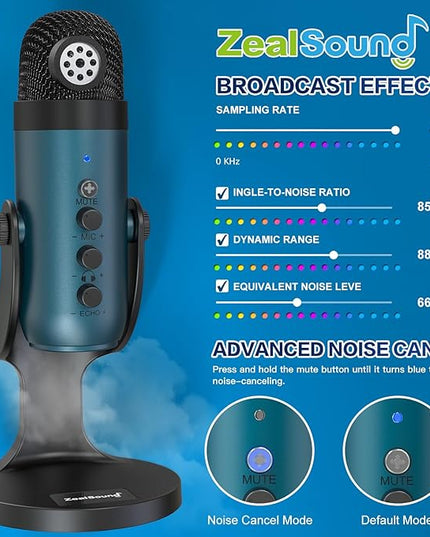 ZealSound USB Condenser Microphone,Computer PC Gaming Mic,Plug&Play Microphones for PS 4&5.Monitor Adjust&Volume Control,Mic Gain Control,Mute Button for TikTok,YouTube Podcast on Mac&Windows(Teal)