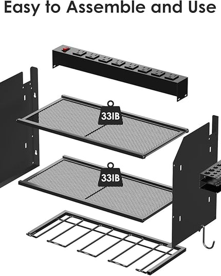 CCCEI Modular Power Tool Organizer Wall Mount with Charging Station. Garage Drill Storage Shelf with Hooks, Heavy Duty Rack, Tool Battery Holder Built in 8 Outlet. Gift for Men. Black, 1 Pack.