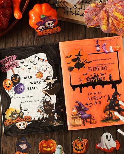 Dwpetzo Transparent Halloween Scrapbook Stickers Book, 20 Sheets Diecut PET Stickers for Journaling, Purple Vintage Spooky Theme for Scrapbooking, Junk Journal Supplies, Planner, Bujo, Crafts Arts