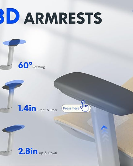 FLEXISPOT ErgoX Premium Ergonomic Office Chair with Footrest- Adjustable 3D Armrests, Dynamic Lumbar Support, Recline & Tilt Function, Mesh Seat, for Home & Office Use,Cream