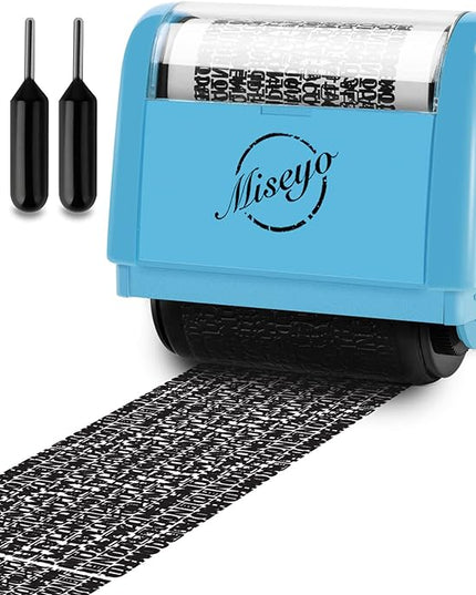 Miseyo Wide Identity Theft Protection Roller Stamp Set - Blue (3 Refill Ink Included)