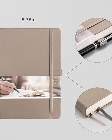 EMSHOI A5 Graph Paper Notebook - 256 Pages PU Leather Hardcover Journal, 120gsm Thick No-Bleed Grid Paper Notebook for Women Men Work School Math Engineering, 5.75" x 8.38" Khaki
