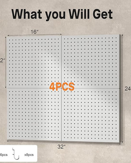 Pegboard,Metal PegBoard Panels,Steel Wall Pegboard with 8 Pieces Hooks,Metal Peg Board Wall Organizer for Office,Crafts Organization, Ornaments Display,Grey