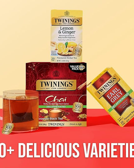 Twinings Decaffeinated Chai Individually Wrapped Bags, 100 Count (Pack of 1), Sweet, Savoury Spices, Enjoy Hot or Iced, 100 Teabags