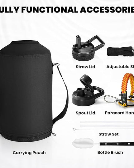 Insulated Water Bottle 64 oz, Triple Wall Vacuum Stainless Steel (Cold for 48 Hrs), Leak Proof & Non-BPA, Half Gallon Water Flask Jug with Paracord Handle & Straw Spout Lids, Ombre Orange