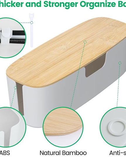 Large Cable Management Box - Cord Organize Box with Bamboo lid for Safe Home & Office, Cord Hider for Power Strip Under Desk, Cover TV Wires, Child & Pet Proof Cord Box, White