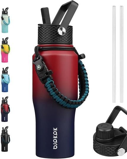 BJPKPK Insulated Water Bottles with Straw Lid, 23oz Metal Water Bottle with 2 lids & Paracord Strap, Double Wall Stainless Steel Vacuum Tumblers, Cups,Thermo for Hot& Cold Drinks,Charming Red