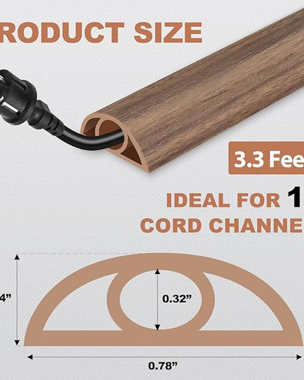 Floor Cord Cover for Wires on Floor Self Adhesive Cord Hider Floor Cable Management Wire Covers for Cords Protector Prevent Cable Trips Cord Cavity W 0.32" x H 0.32", Misty Brown Wood, 3.3Ft