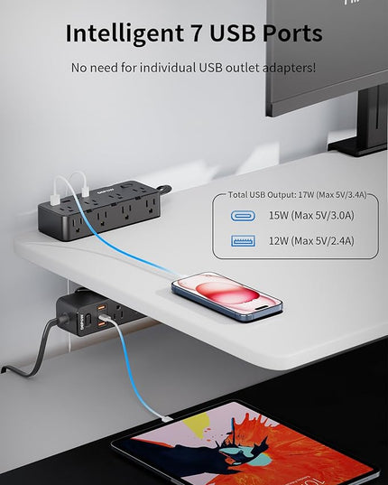 Dual Layer Desk Clamp Power Strip & Surge Protector: 17 Outlets + 7 USB (3 USB-C) Charging Station, Space-Saving Under Desk Organizer with 10ft Extension Cord, 1700J Protection (Black)
