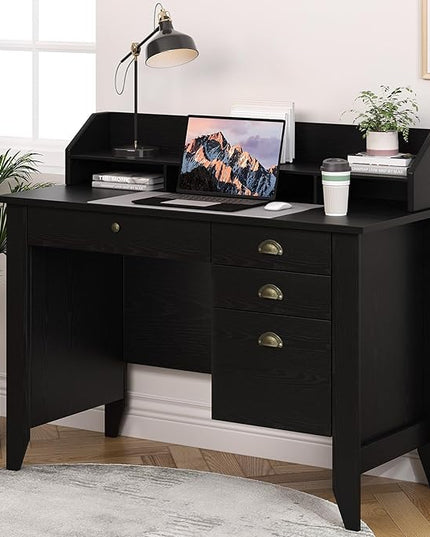 4 EVER WINNER Black Desk with Drawers, Small Desk with File Drawer and Monitor Stand, Computer Desk with Storage, Writing Desk for Bedroom Home Office, Black