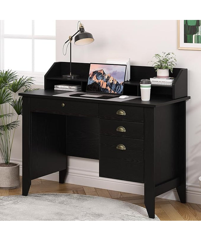4 EVER WINNER Black Desk with Drawers, Small Desk with File Drawer and Monitor Stand, Computer Desk with Storage, Writing Desk for Bedroom Home Office, Black