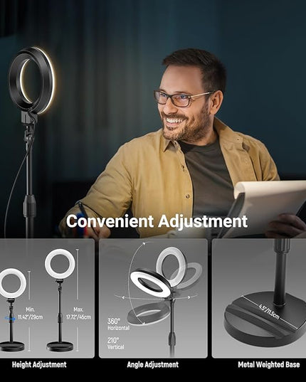 NEEWER Basics 5" LED Desktop Ring Light with Stand, Monitor Clamp, 10W, Compatible with iPhone Desk Computer Laptop Webcam Phone for Selfie Makeup Recording Zoom Video Conference Lighting, Black BR60