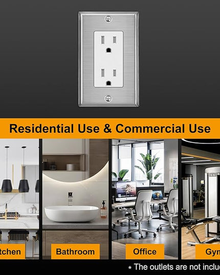 BESTTEN 10 Pack Decorator Metal Wall Plate with Protective Film, 1 Gang Decor Stainless Steel Outlet Cover, Switch Plate, Durable Corrosion Resistant, H4.53” x W2.76”, Brushed Finish, Silver