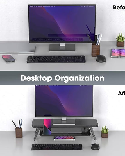 Fenge Monitor Stand, Monitor Stands Riser for Desk, 23.6 Inch Wood Desk Shelf with Storage Organizer and Cable Management for Office Desk Accessories