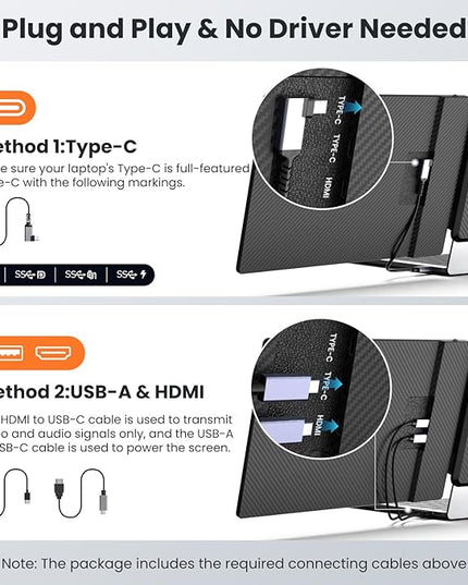Laptop Screen Extender 14-inch, 1080P FHD Portable Monitor, Type-C/HDMI/USB-A Plug & Play, Laptop Monitor Extender fits Laptops with Screen up to 15.35" Wide, Compatible with Windows, Mac, Chrome