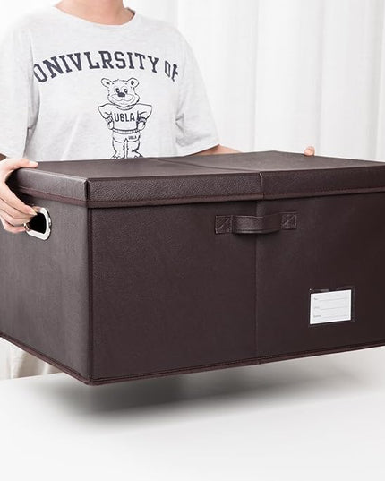 PRANDOM Collapsible Storage Box with Lid [1-Pack] Leather Fabric Foldable Storage Bin Organizer Container Basket Cube with Cover for Home Bedroom Closet Office Nursery Brown (22.8X15.7X11.8)