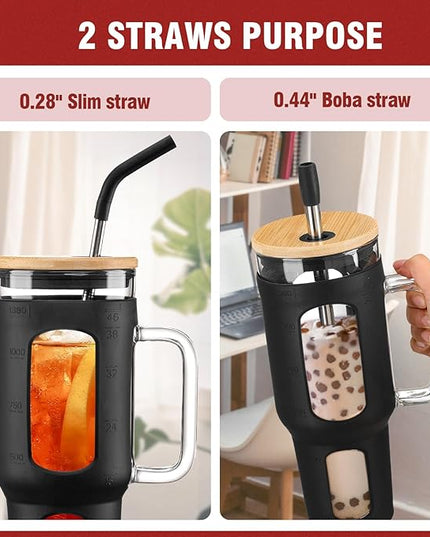 Glass Tumbler with Lid and Straw, 46 oz Iced Coffee Cup with Handle, Large Water Bottles with Silicone Sleeve, Glass Cup with Straws - Pearl Straw & Drinking Straw BPA Free-Black