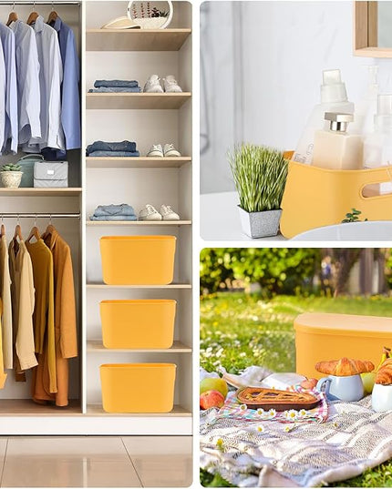 Hoolerry 8 Pieces Colorful Storage Bins with Lid, Plastic Storage Basket Organizing Container Stackable Box with Handle for Shelves Desktop Playroom Office(10.2 x 7 x 6.3 Inch,Yellow)