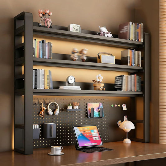 TRCBADOWKC 2/3/4 Tier Desktop Bookshelf with Pegboard and Storage Parts, Metal Desktop Organizer Hutch, Desk Shelves for Top of Desk, Shelf Organizer Display Rack for Dorm Home(Black,4-Tier L21.6in)