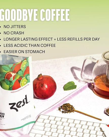 Zest Energy Green Tea – Pomegranate Mojito High Caffeine Tea Bags for Focus & Morning Energy – Natural Caffeinated Tea with 135mg Caffeine – Coffee Substitute – 20Ct Pack, Non-GMO & Keto Friendly