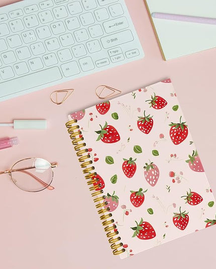 JKMBN Cute Strawberry Journaling Notebooks, Preppy Pink Spiral Notebook, Pink Office Supplies, Cute Notebooks for Women Girls, Hardcover Spiral Notebooks College Ruled 5.5 x 8.3