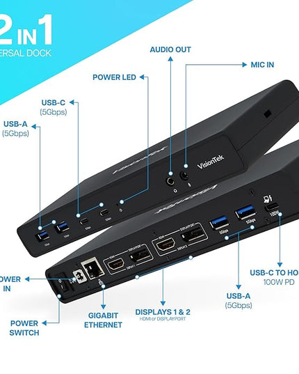 VisionTek VT4510 Universal USB Dual Monitor Docking Station - 2x HDMI, 2x DisplayPort, 100W Power, 4x USB-A, 2x USB-C, Audio, Ethernet for Windows/ MacOS/ ChromeOS