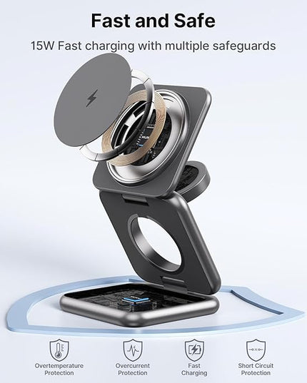 KU XIU Wireless Charger for Samsung,Aluminum Alloy Foldable 3 in 1 Wireless Charging Station for Samsung Galaxy S25 Ultra S24 S23 Note Z Fold 7 Flip/Buds,Fast Charger for Galaxy Watch Ultra 7 6 5 4