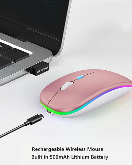 Wireless Bluetooth Mouse Rechargeable Laptop Mice with LED Lights Silent Slim Use(BT5.2 & 2.4G Portable USB) Dual Mode Computer Mouse for Laptop/iPad/Tablet/Apple/Computer/Mac(Rose Gold)