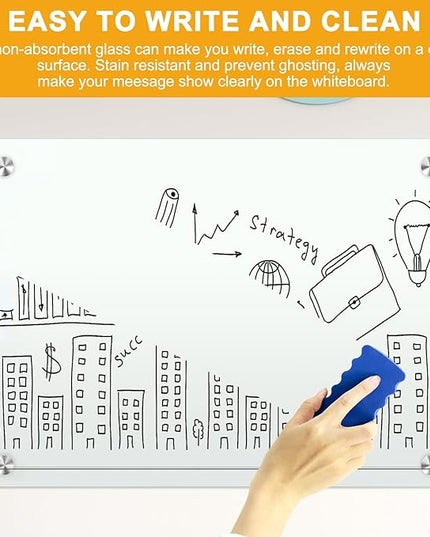 H-Qprobd Glass Whiteboard 60"x40" Magnetic Dry Erase White Board for Wall, Includes 12 Magnets, 8 Markers and 2 Erasers