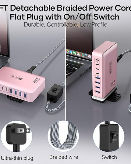 8-Port USB C Fast Charger Block 200W with Flat Plug, Braided Power Cord, and On/Off Switch- USB Charging Hub for iPhone, iPad, MacBook and More- 65W C Port Power Adapter for Laptops