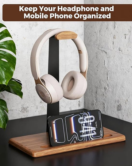 Walnut Headset Stand for Desk with Phone Holder | Headphone Stand Headphone Holder (Natural Wood)