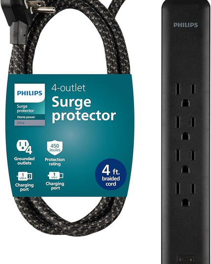 Philips 4-Outlet Surge Protector, 4ft Braided Cord, 1-USB-C, 1-USB-A, Extension Cord, Power Strip, for Home, School, or Office, 15W, 450J, Black, SPP3393B/37