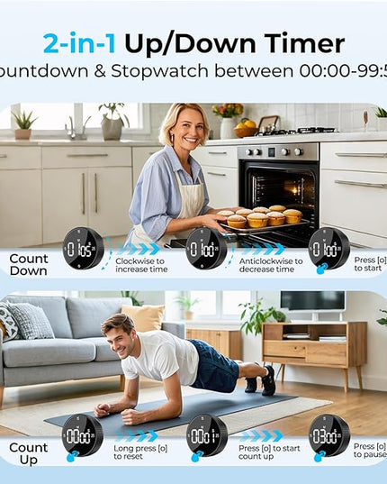 Digital Kitchen Timer, Large Display Magnetic Countdown Countup Timer, 3 Preset Times (5, 15, 25),Volume & Brightness Adjustable for Cooking Classroom Studying, Easy for Kids(Gunmetal 1PCS)