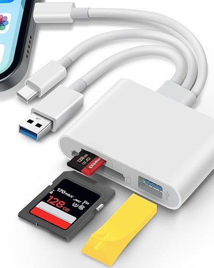 SD Card Reader for iPhone iPad Laptop 3-in-1 Connectors Memory Card Adapter with Dual Slots & USB Port Trail Game Camera Viewer for iPhone Mac MacBook Android Laptop White