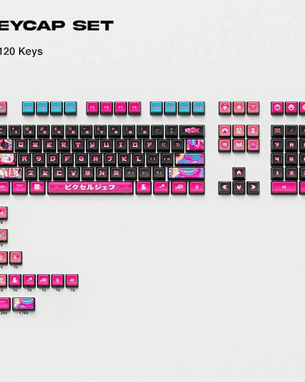 x Pixel Jeff Neon Japan Keycap Set, 120 Keys ASA PC PBT Keycap Set, Dye Sub Shine Through 4-Sided Crystal Key Caps, Japanese Style Keycaps for MX Switches Mechanical Keyboard