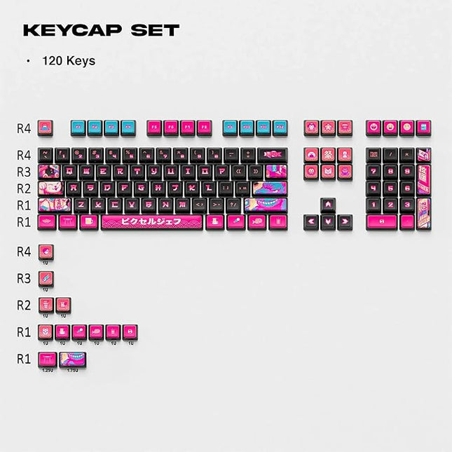 x Pixel Jeff Neon Japan Keycap Set, 120 Keys ASA PC PBT Keycap Set, Dye Sub Shine Through 4-Sided Crystal Key Caps, Japanese Style Keycaps for MX Switches Mechanical Keyboard