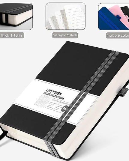 Lined Journal Notebook for Women Men, 352 Pages A5(5.7" x 8.3")College Ruled Hardcover Leather Journals for Writing, Daily Journal Notebooks for Work, Note Taking, Travel, School, Business (Black)