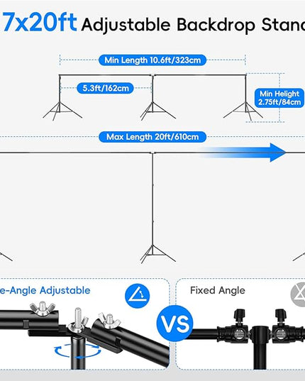 Photo Video Studio Large 20x7ft Adjustable Backdrop Stand, Photography Background Support System Kit with 310° Angle Rotatable Connector, 8 Clamps, 3 Sandbags and Carrying Bag