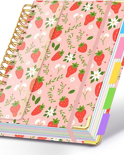 Spiral Journal Notebooks for Work, 300 Pages 5 Subject Notebook College Ruled with Dividers & Tabs, 8''x 10'' Large Notebook Journal for Women Students Note-Taking and Organizer (Pink Strawberry)