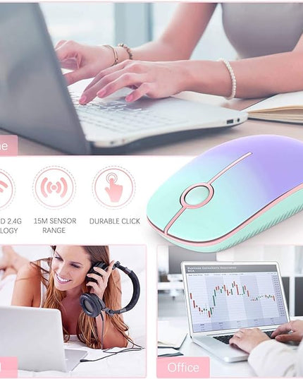 VssoPlor Wireless Mouse, 2.4G Slim Portable Computer Laptop Mouse with Nano Receiver Quiet Silent Optical Mice for Notebook, PC, Laptop, Computer-Mint Green to Purple