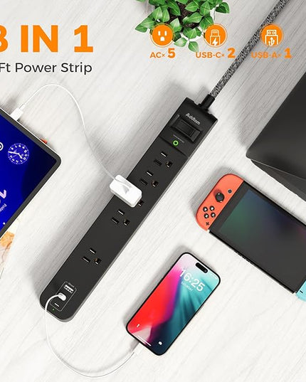 2 Pack Power Strip Surge Protector - 5 Widely Spaced Outlets 3 USB Charging Ports, 1875W/15A 6Ft Braided Extension Cord, Flat Plug Overload Protection, Wall Mount for Home Office Dorm Room Essentials