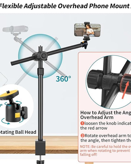 Camera Desk Mount Webcam Stand with Overhead Articulating Magic Boom Arm 1/4" Ball Head for DSLR Tripod, Adjustable Light Stand, Tabletop C Clamp for Ring Light Photo Video Shooting Live Streaming
