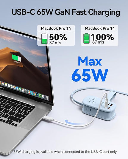 ORICO 65W GaN Travel Power Strip with 7-in-1 Charging Ports (3 AC Outlets/2 USB-A/2 USB-C), Flat Plug and 4FT Extension Cord, Fast Charger for MacBook Pro/Air, iPad Pro, iPhone 17/16/15- AP3